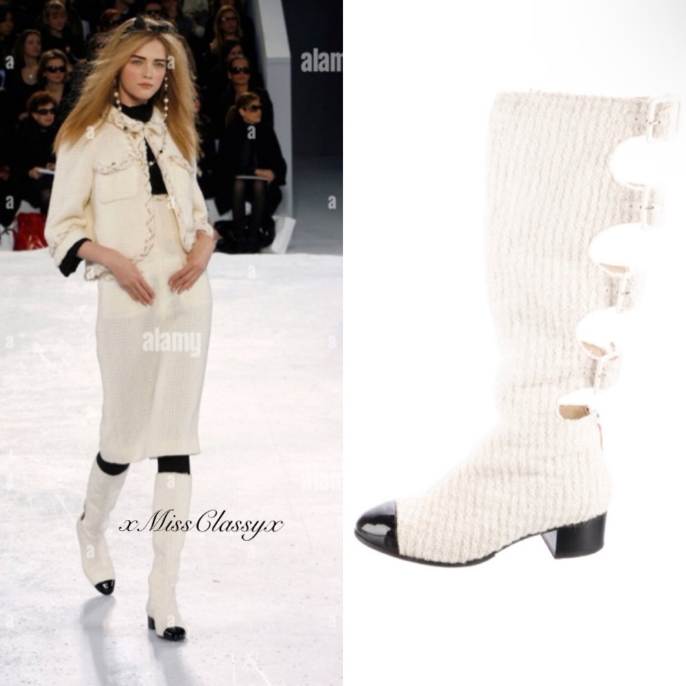 ✨Rare CHANEL CC Logo 2007 Runway Collection Cap Toe Tweed Knee High Boots Shoes